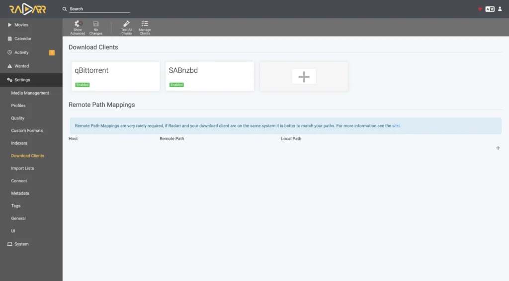 Radarr Download Clients settings page