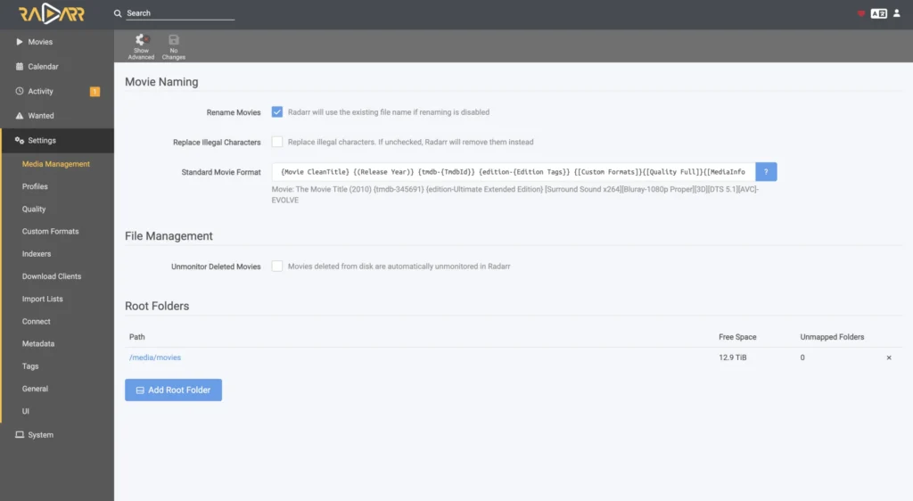 Radarr Media Management settings page