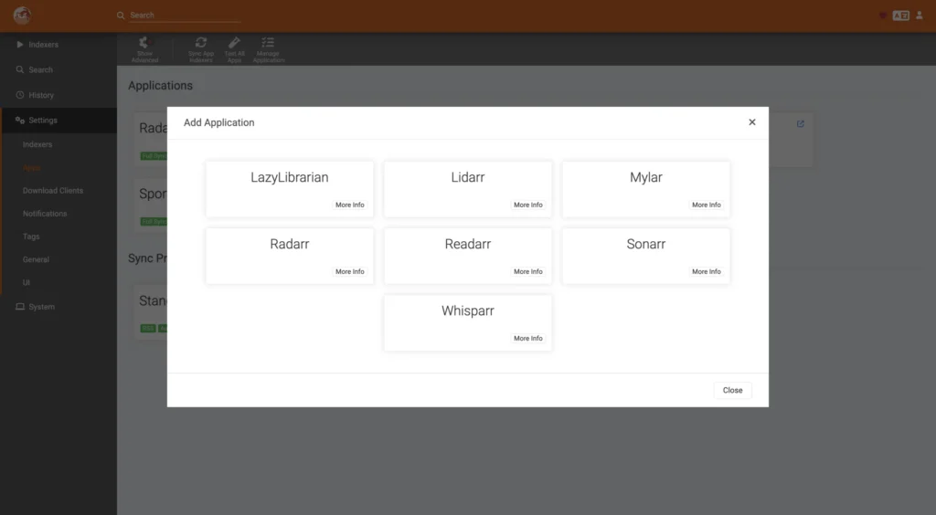 Prowlarr Settings Apps page with Radarr added