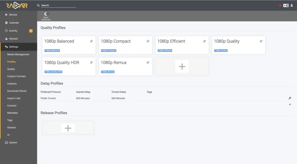 Radarr Quality Profiles settings page