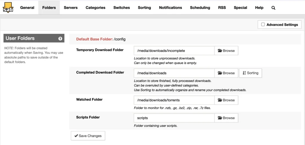 SABnzbd Config → Folders page showing temporary and completed download folder paths