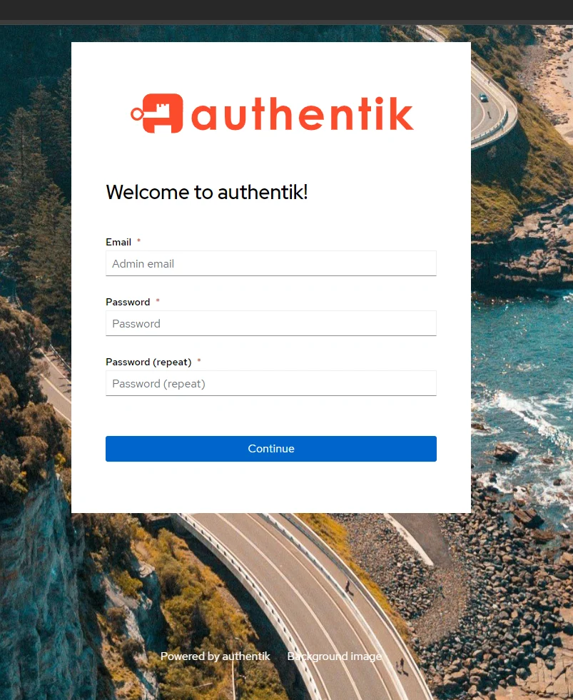 Authentik initial setup screen for creating the admin account
