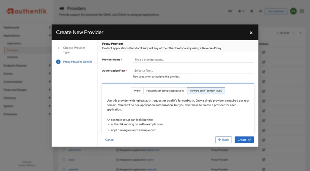 Authentik Create New Provider dialog with Forward auth (domain level) selected