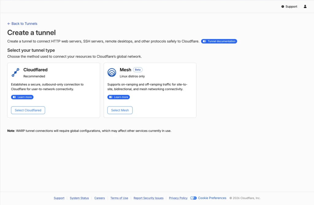 Cloudflare Zero Trust Create a tunnel screen with Cloudflared selected