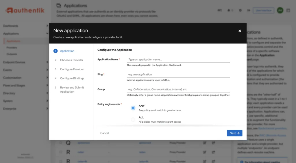 Authentik New Application dialog configuring name, slug, and policy engine mode