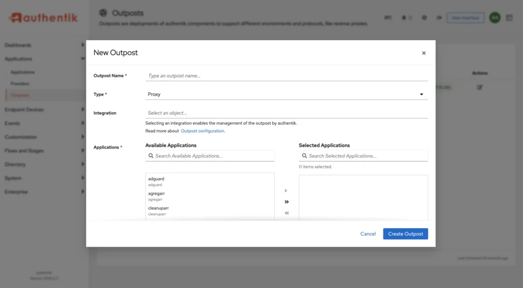 Authentik New Outpost dialog with type set to Proxy