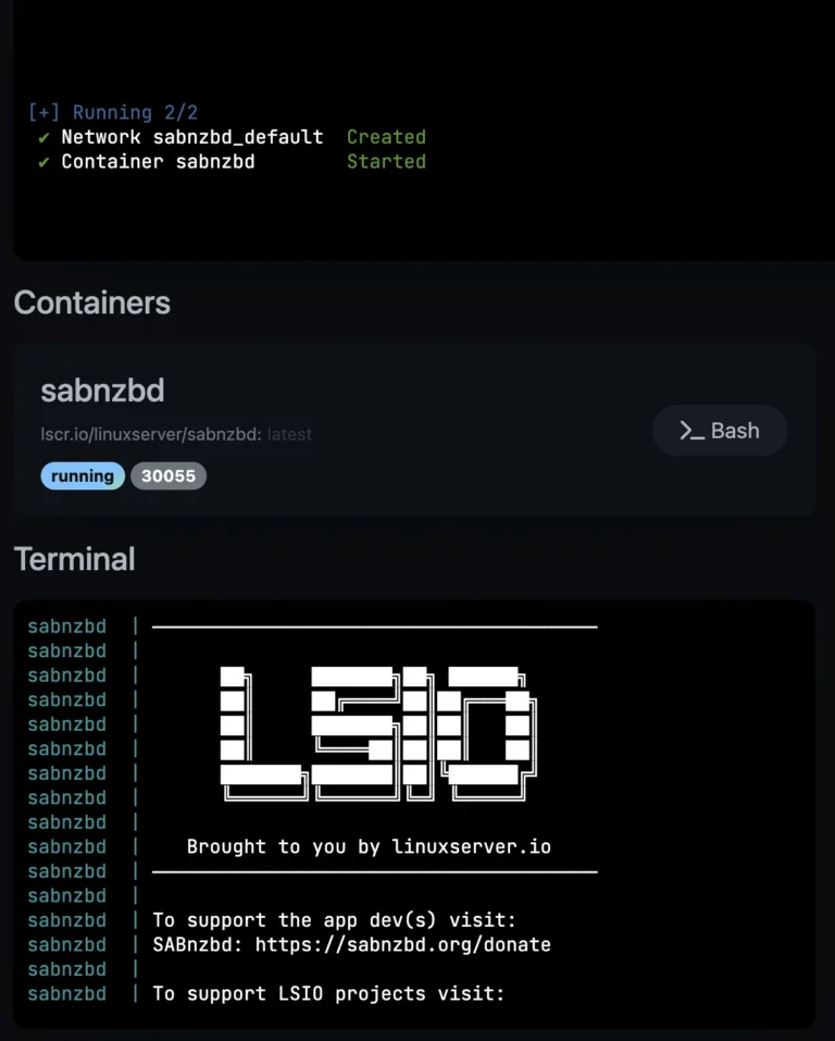 Terminal output showing SABnzbd container starting successfully with LinuxServer.io banner