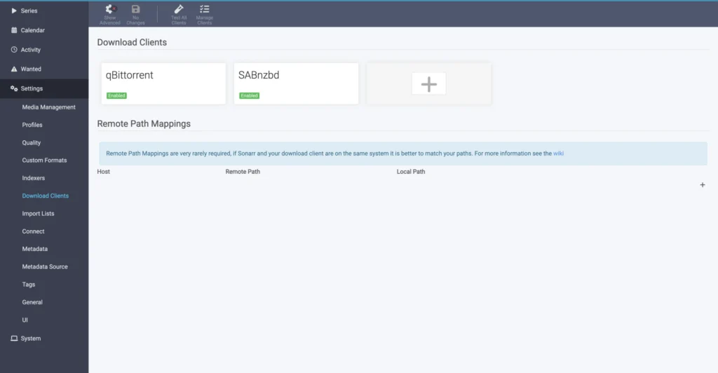 Sonarr Download Clients settings page
