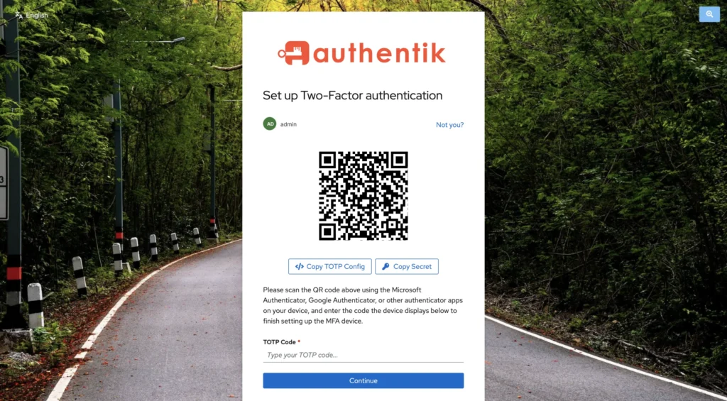 Authentik Set up Two-Factor authentication screen with QR code enrollment