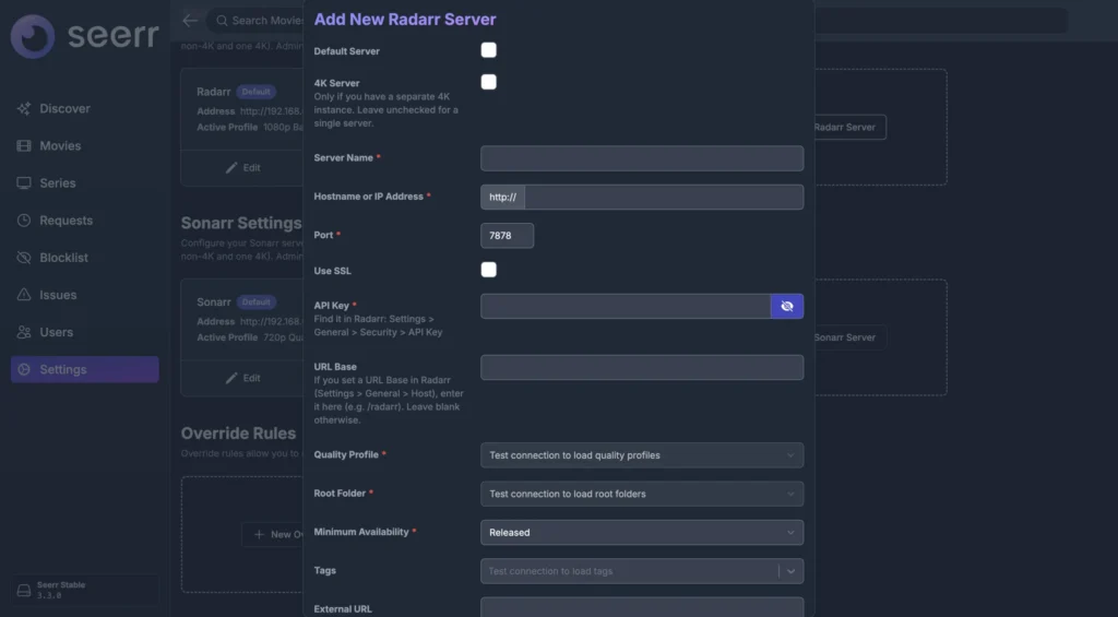 Seerr Add New Radarr Server dialog with hostname, port, and API key fields