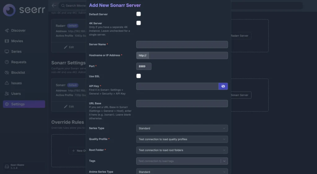 Seerr Add New Sonarr Server dialog with hostname, port, and API key fields