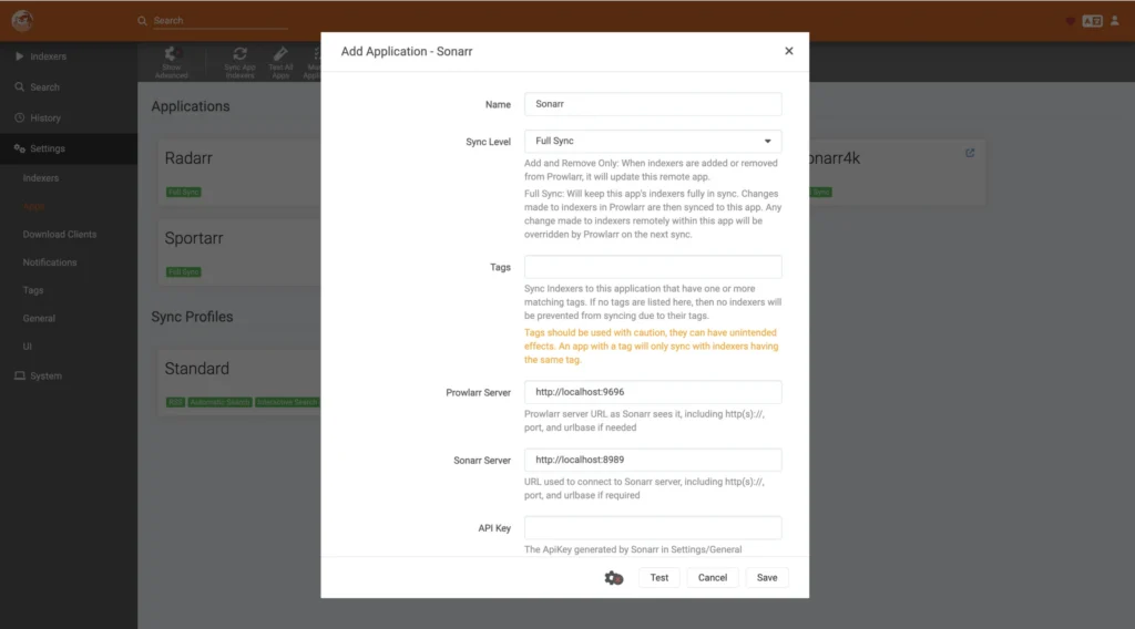Prowlarr Settings Apps page with an app connected
