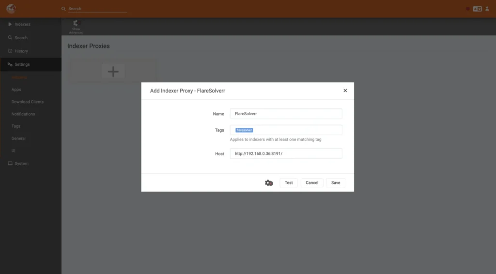 Prowlarr Add Proxy FlareSolverr settings
