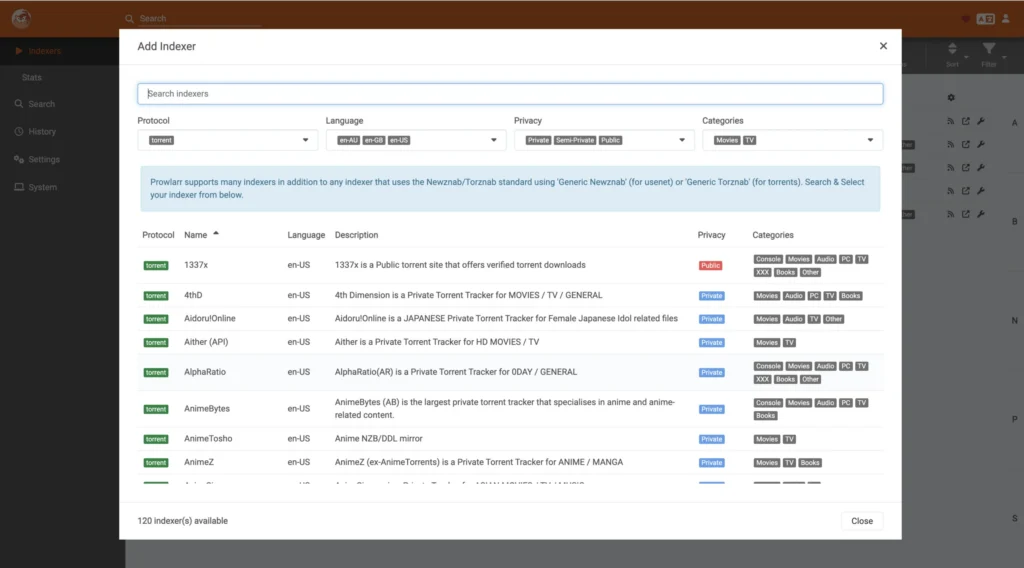 Prowlarr Add Indexer search screen