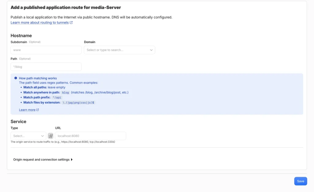 Cloudflare Zero Trust Add a published application route form