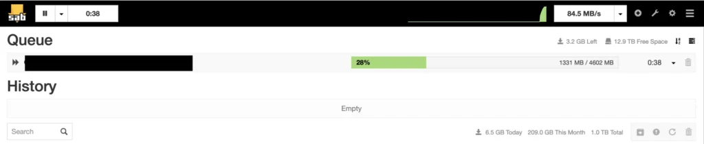 SABnzbd queue showing an active download in progress