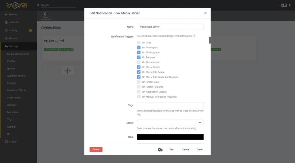 Radarr settings screen connecting to Plex