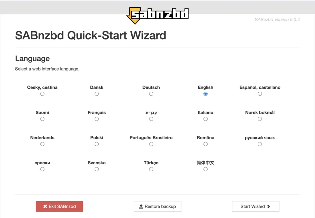 SABnzbd first-time setup wizard welcome screen