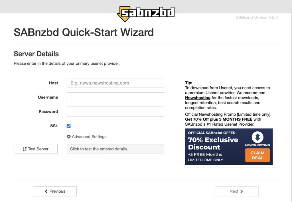 SABnzbd Usenet server quick-start wizard