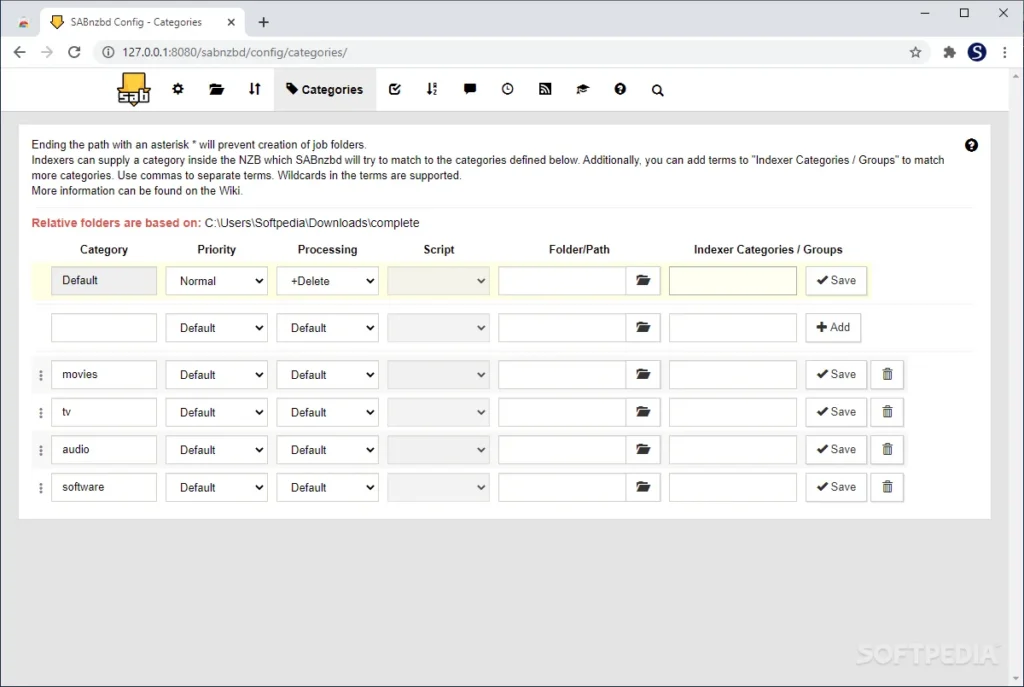 SABnzbd Config → Categories page showing category name, folder, and priority settings