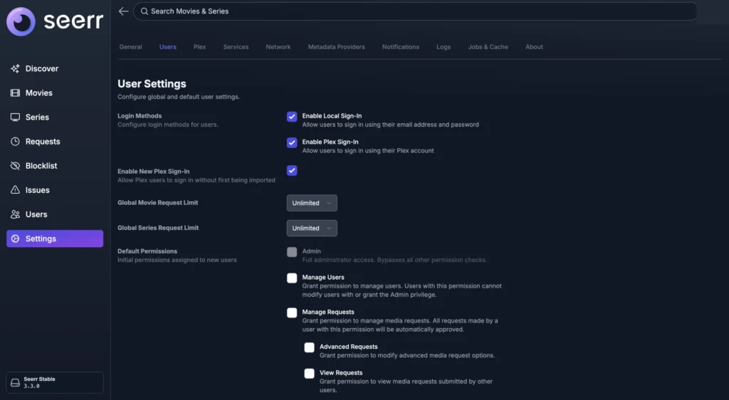 Seerr User Settings page showing login methods, request limits, and default permissions