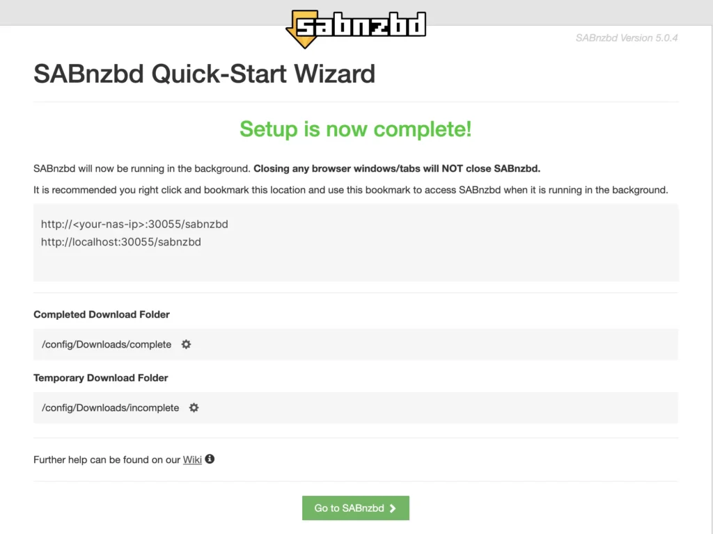 SABnzbd setup complete confirmation screen