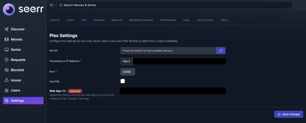Seerr Plex Settings page showing server hostname, port, and SSL configuration