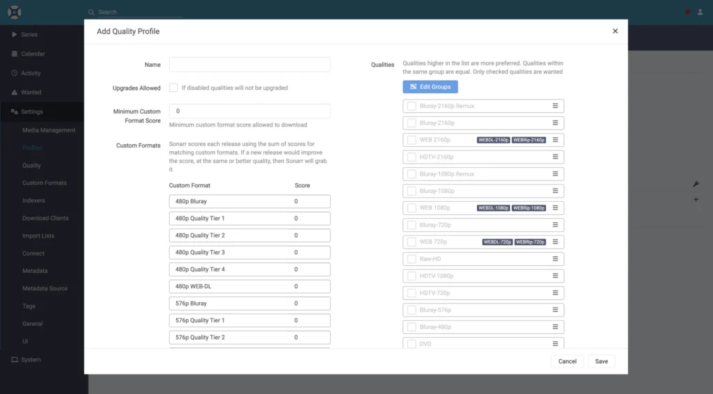 Sonarr Quality Profiles settings page