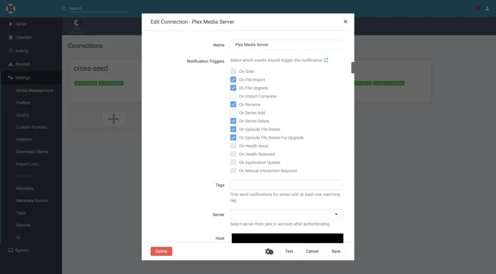 Sonarr settings screen connecting to Plex