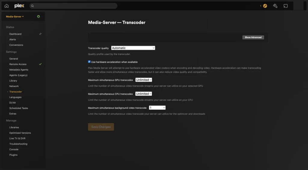 Plex hardware transcoding settings page