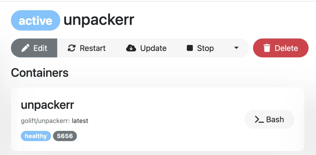 Dockge showing the unpackerr container active and healthy