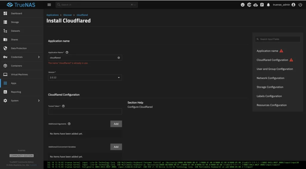 TrueNAS Apps Install Cloudflared screen showing the Tunnel Token field