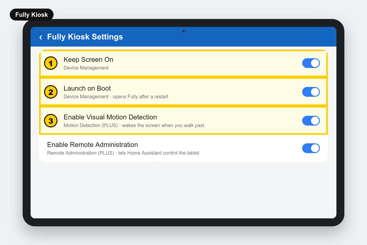 Fully Kiosk settings with Keep Screen On, Launch on Boot and Visual Motion Detection turned on