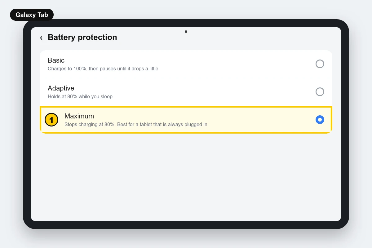 Samsung Galaxy Tab battery protection set to Maximum so it stops charging at 80 percent