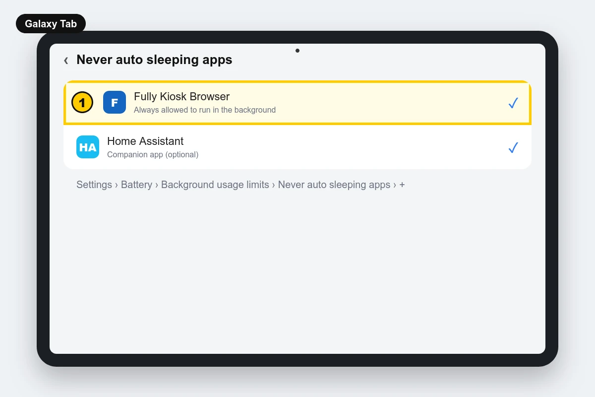 Samsung Galaxy Tab Never auto sleeping apps list with Fully Kiosk Browser added