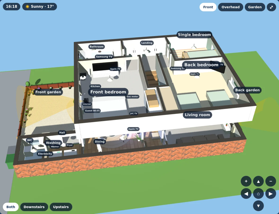 Home Assistant 3D floor plan showing both floors, with the upstairs floating above the ground floor and room labels