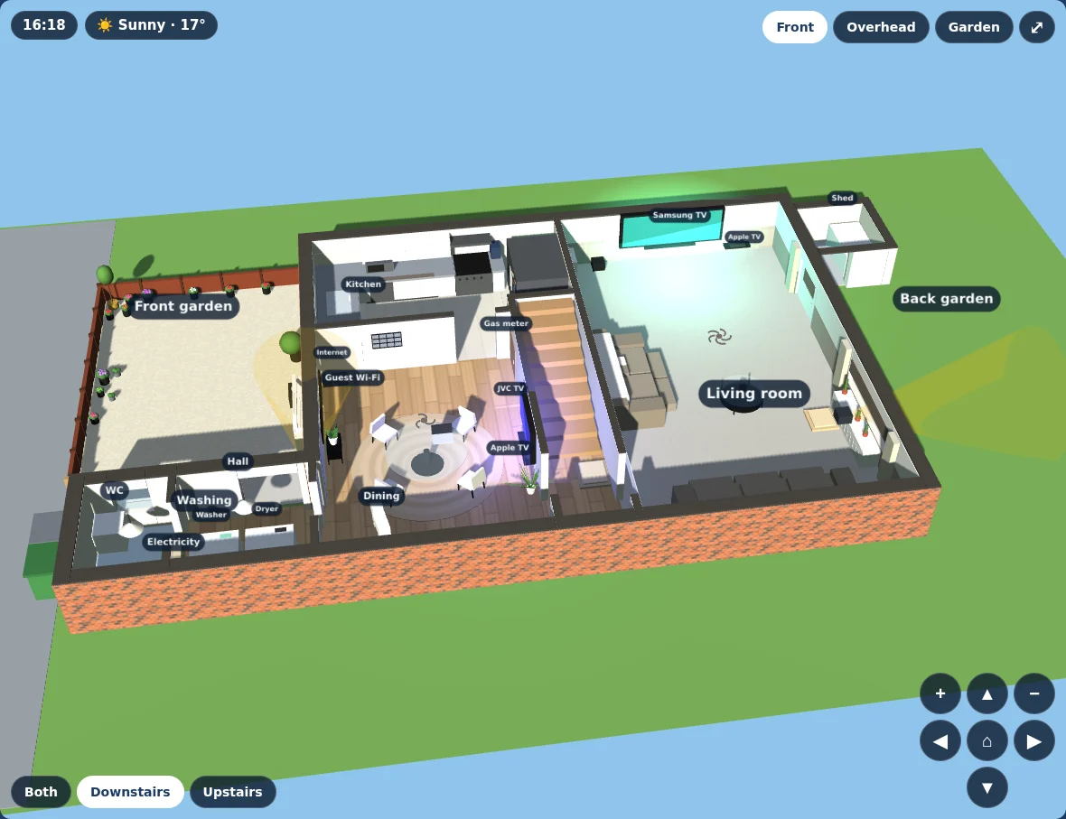 Ground floor of the 3D model: kitchen, dining room with round glass table, living room with the TV glowing, hall and utility