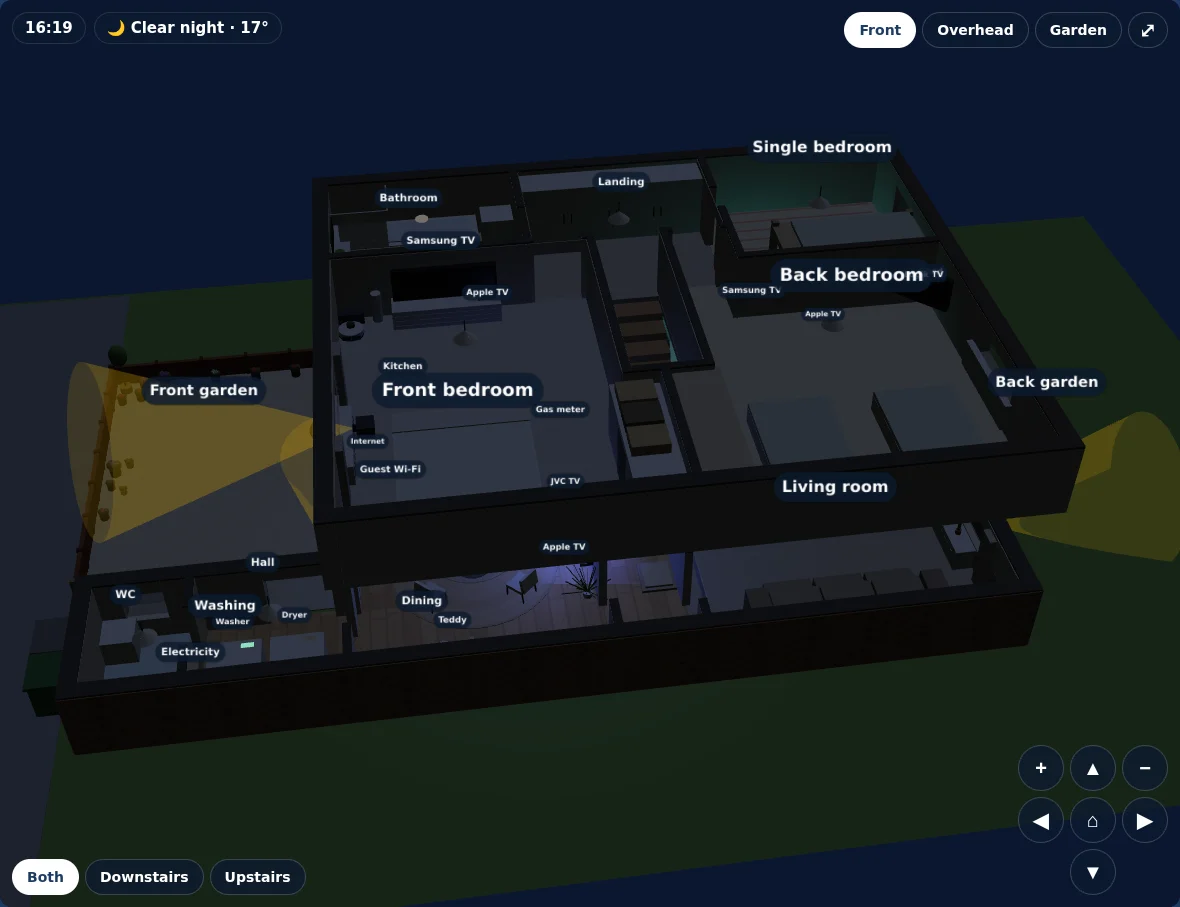 3D floor plan at night with a dark sky and a TV glowing in the dining room