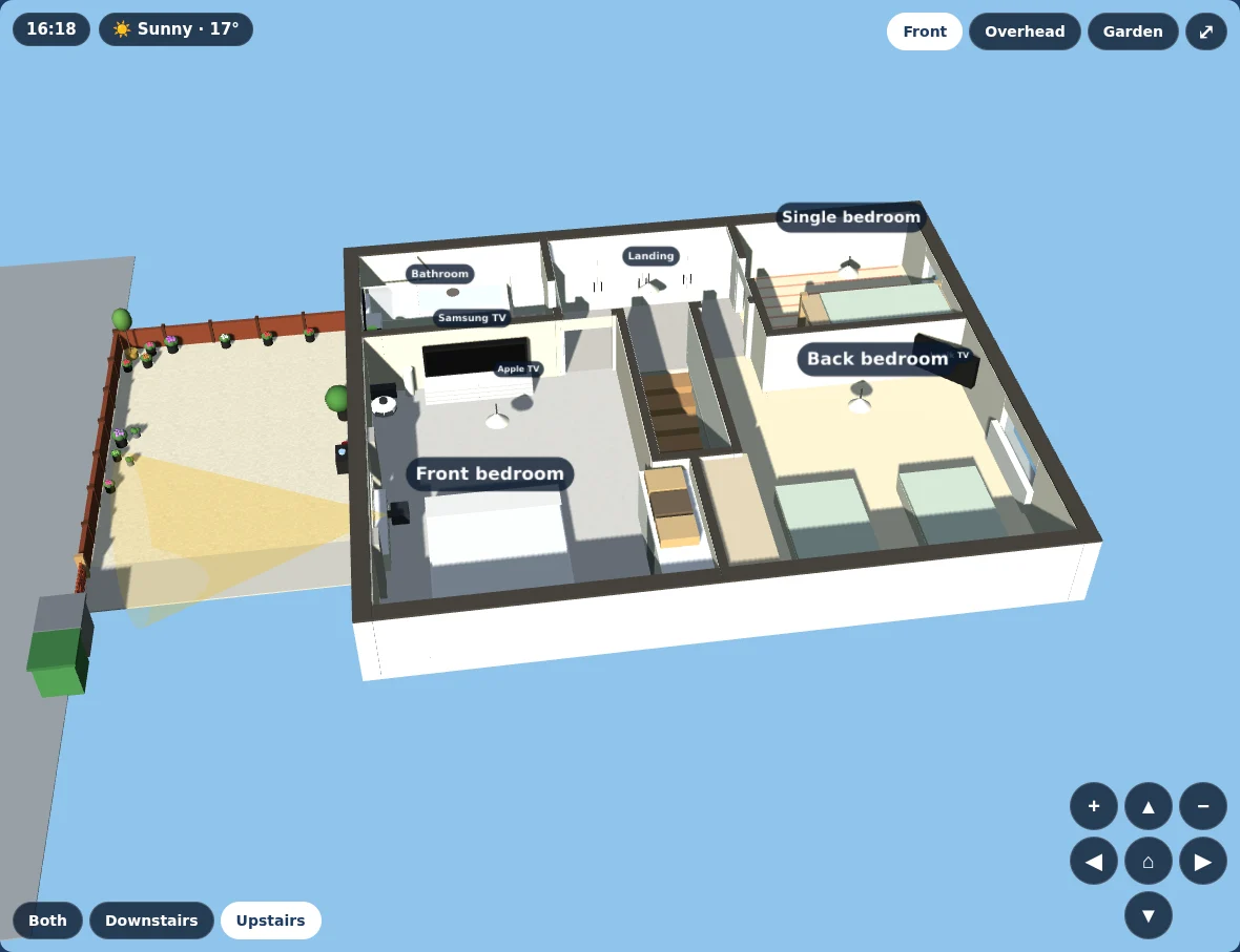 Upstairs of the 3D model: bedrooms, bathroom, landing and stairs going down