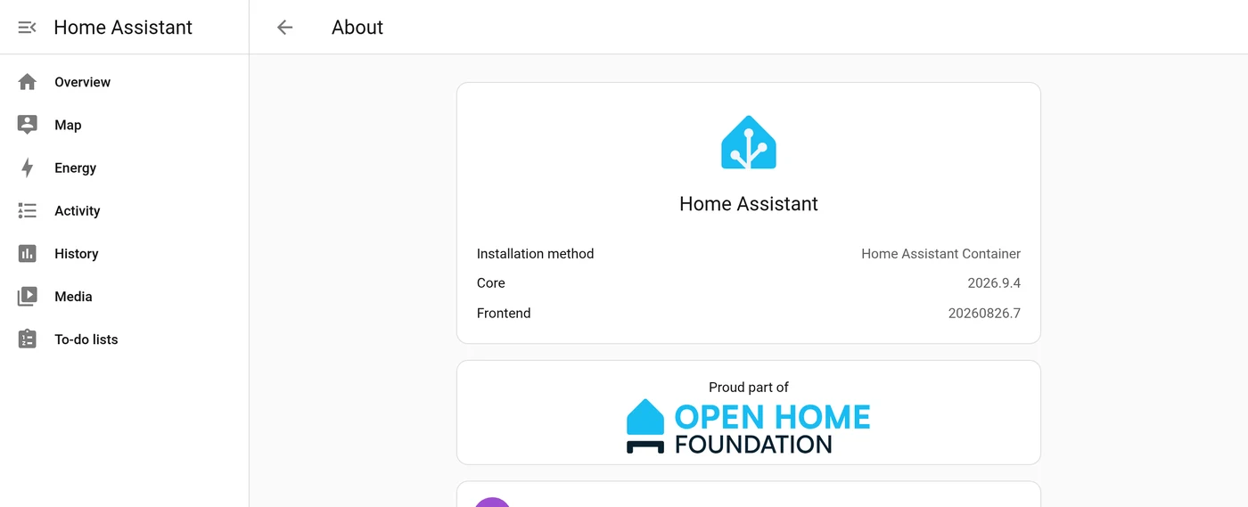 Home Assistant About page showing the installation method Home Assistant Container
