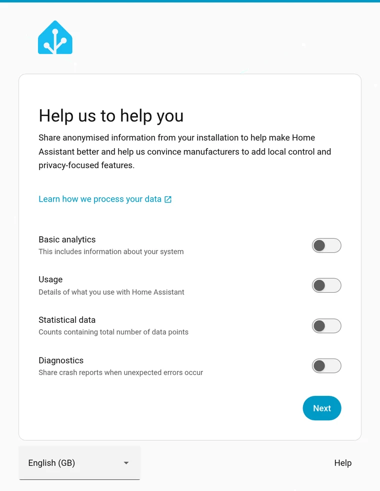 The analytics step with toggles for basic analytics, usage, statistical data and diagnostics