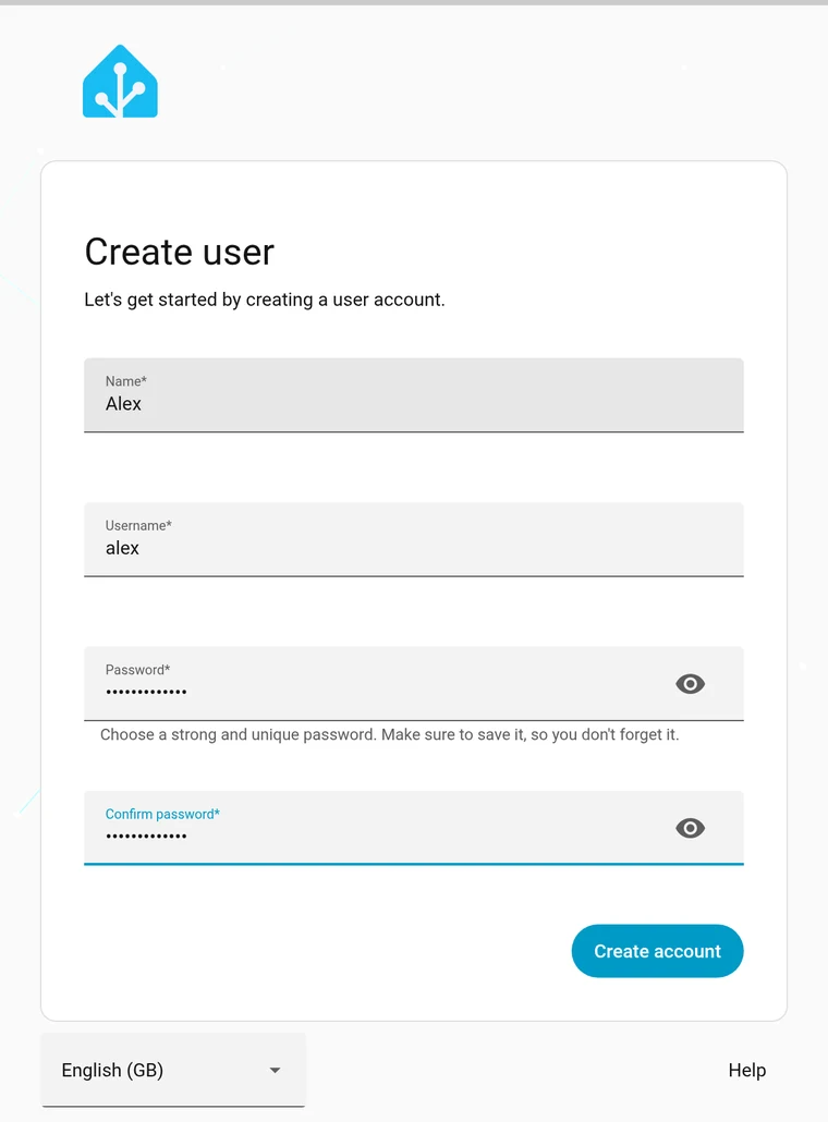 The Create user form with name, username, password and confirm password