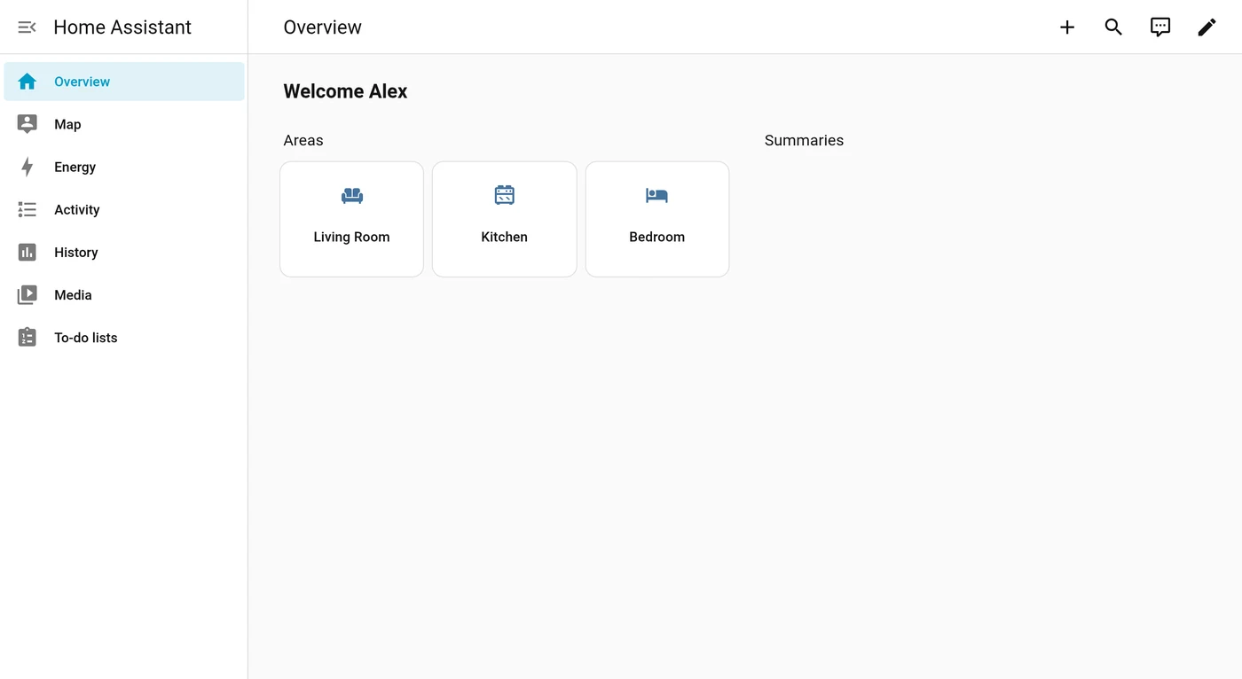 A new Home Assistant dashboard after you install Home Assistant with Docker Compose, showing the Overview page with Living Room, Kitchen and Bedroom areas