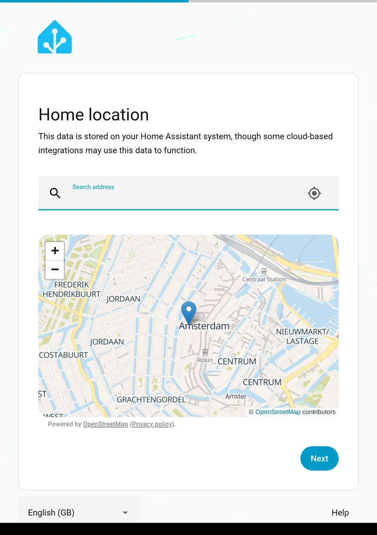 The Home location step with a map and address search