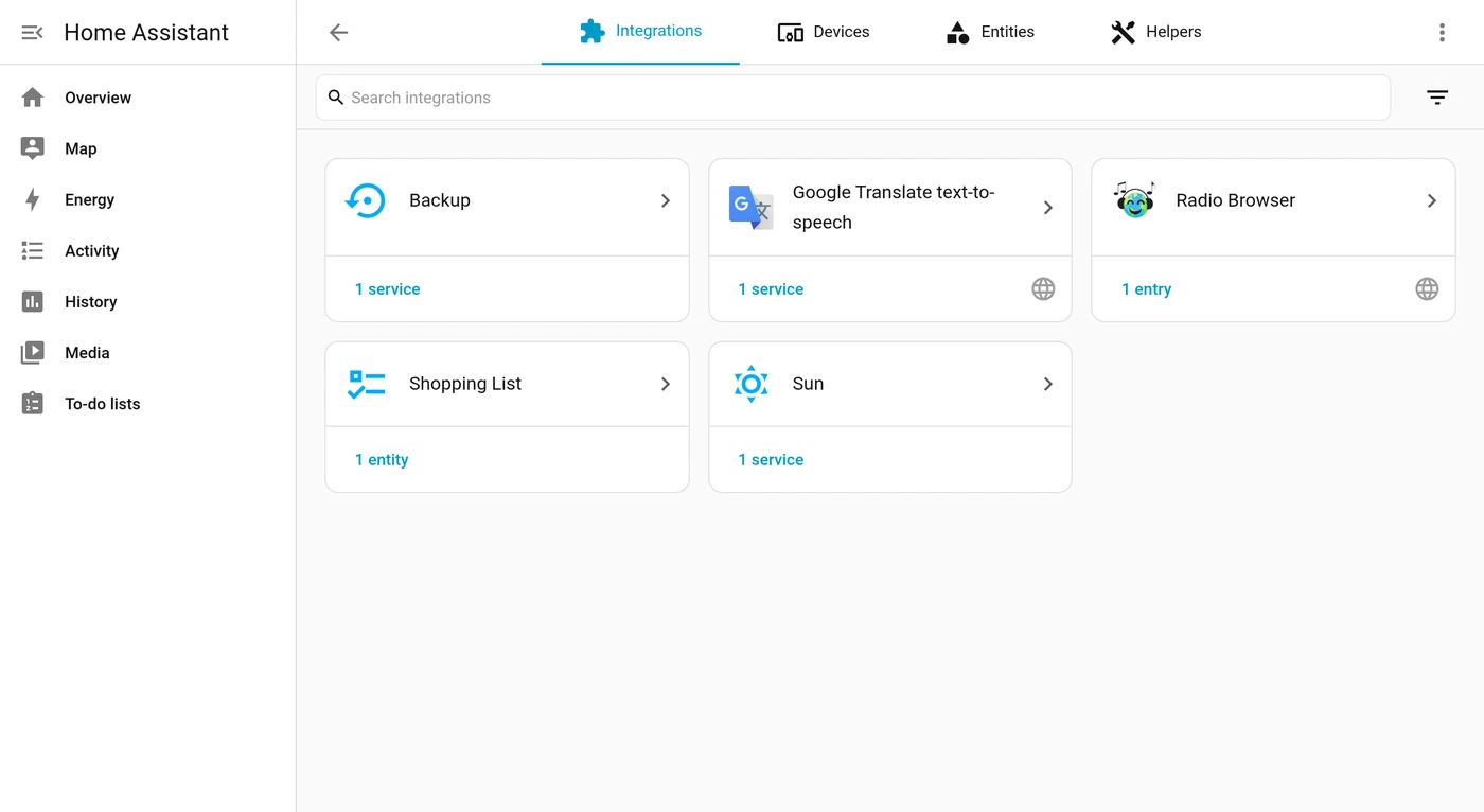 The Devices and services page in a new Home Assistant install with the Add integration button