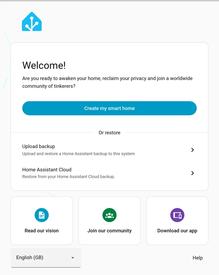 Home Assistant welcome screen with the Create my smart home button