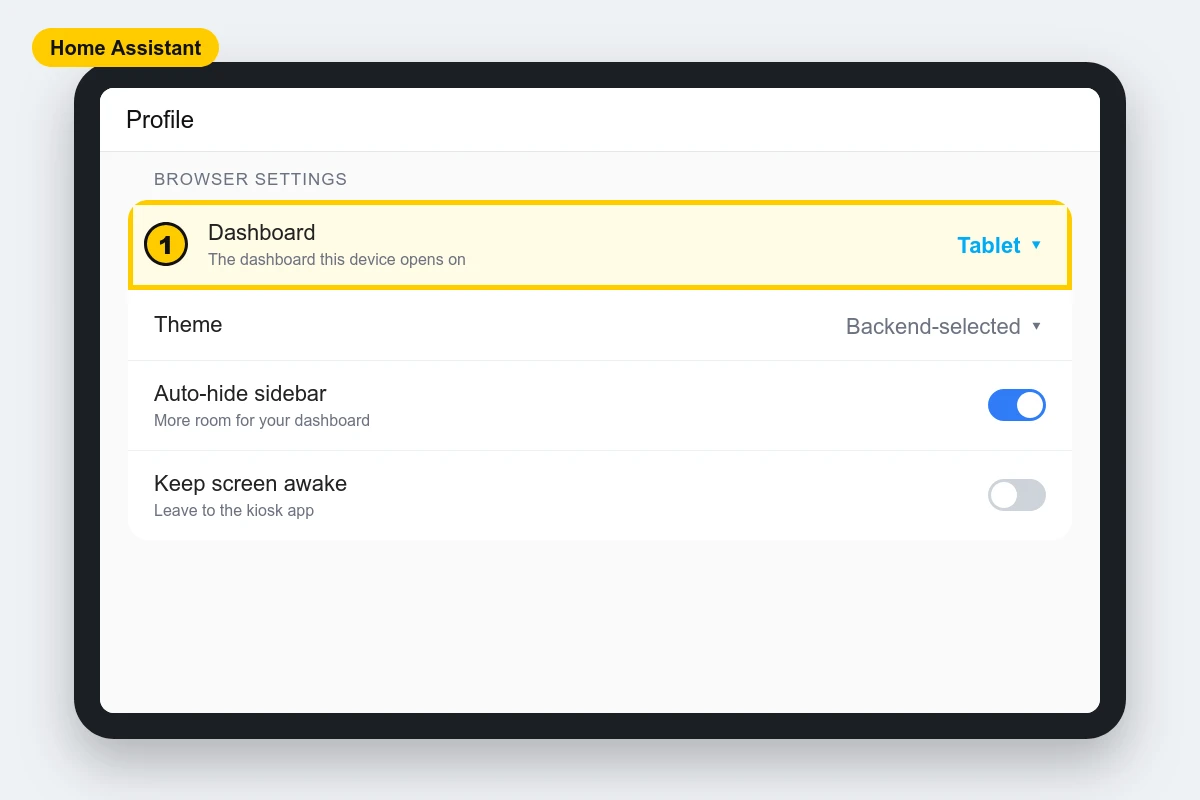 Home Assistant profile page on a tablet with the Dashboard option set to the Tablet dashboard