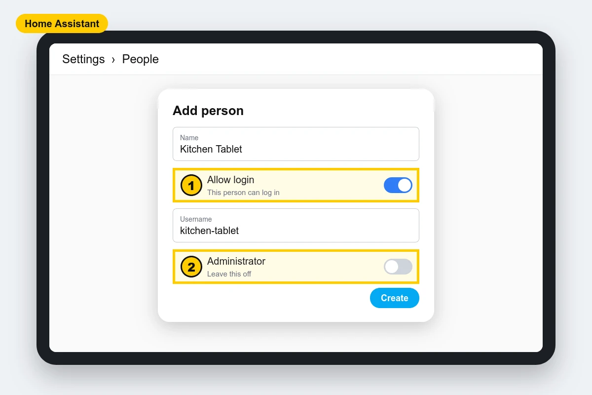 Adding a Home Assistant user for the wall tablet with Allow login turned on and Administrator turned off