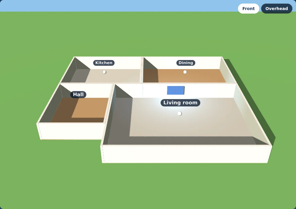 The starter card: four rooms with labels, sun shadows and the living room TV on