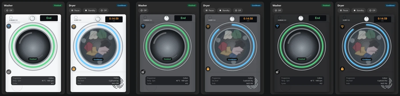 The washer and dryer card in the three finishes: white, graphite and black